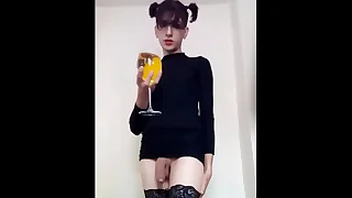 Filthy slut pours a glass of affectionate urine